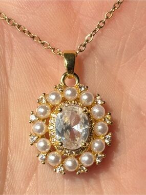 Gold Pearl & Crystal Oval Pendant Necklace
